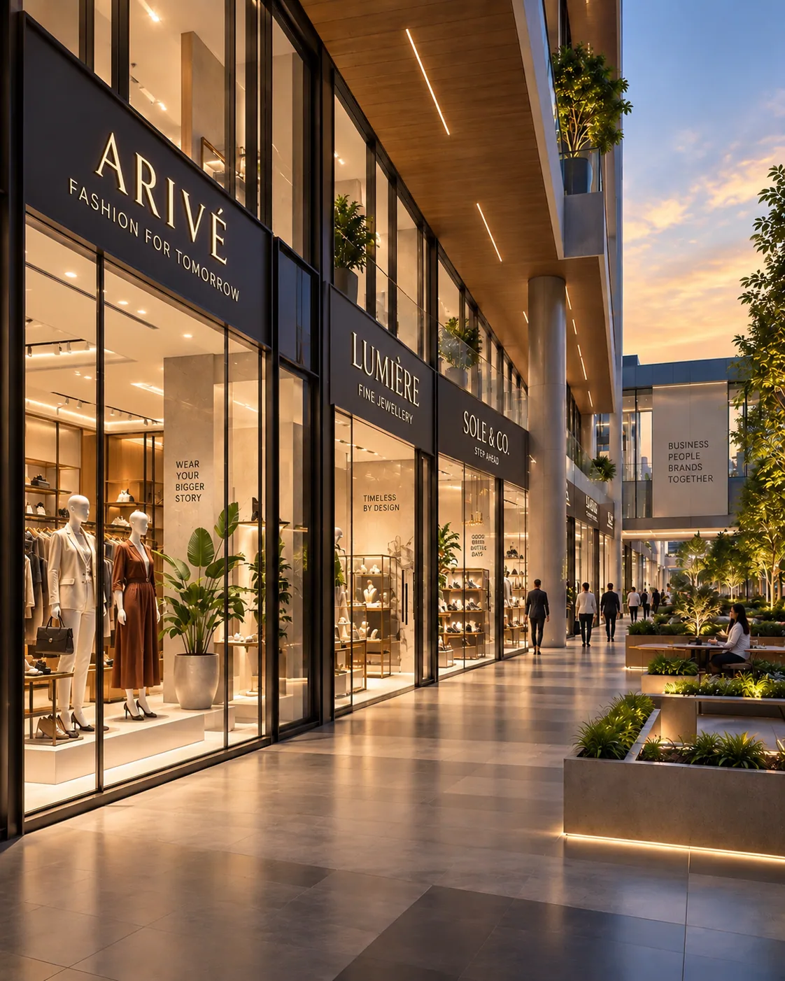 Lit retail and showroom frontages along a landscaped promenade at Chaitanya Business Park